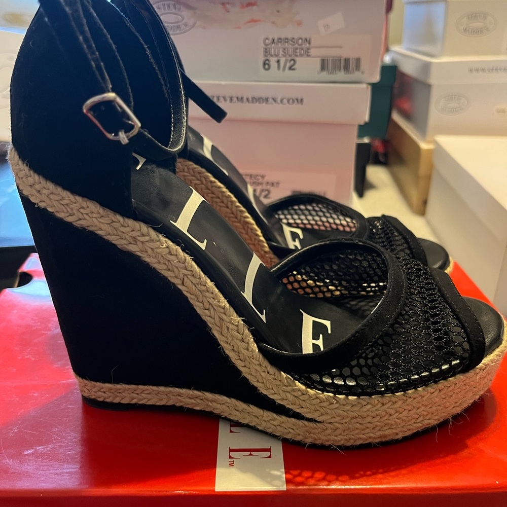 Black mesh high heel wedges with jute accent and ankle strap with buckle